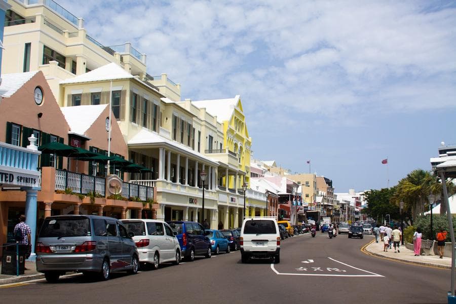 Pastel shopfronts along Front Street in the City of Hamilton