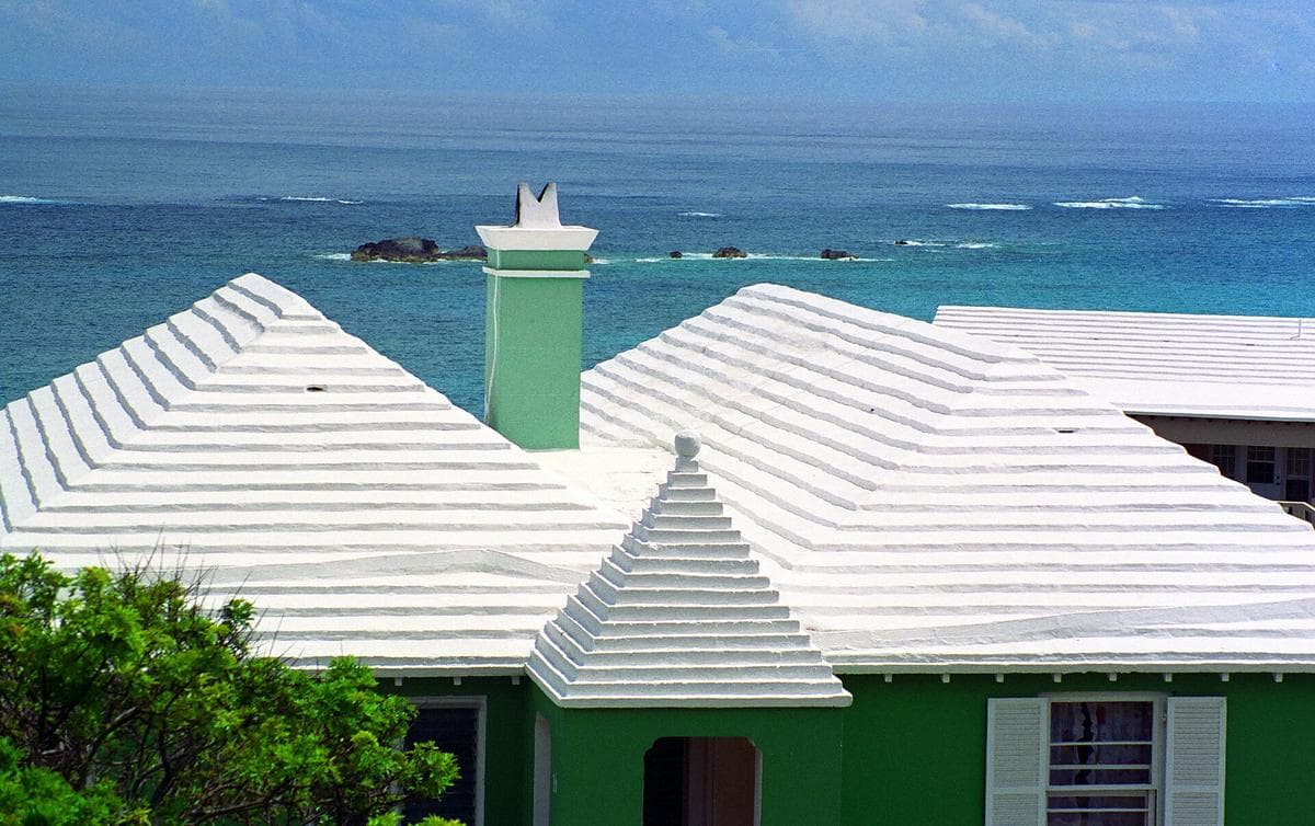 White stepped limestone roof of a Bermuda house